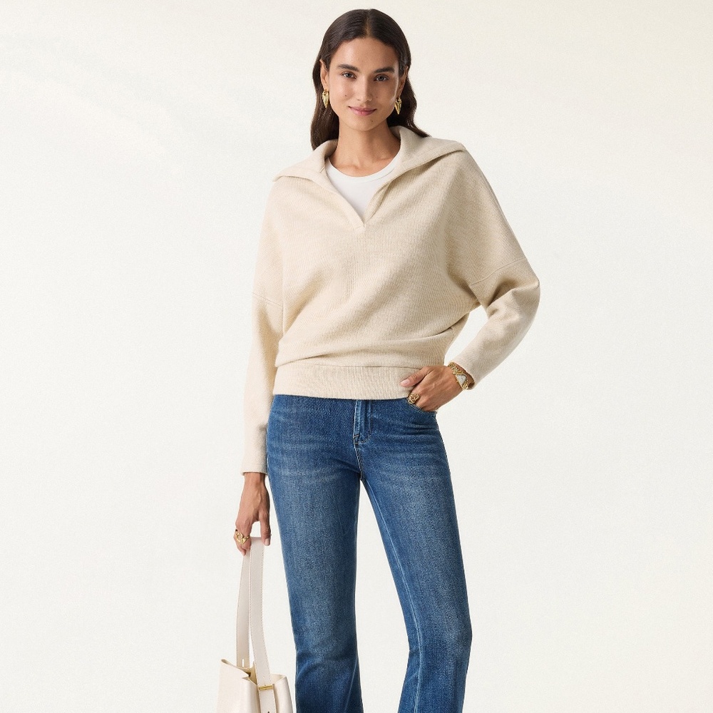 NWT!! $69 OGL Cozy Collared V-Neck Batwing Sleeve Pullover in Heather Taupe S - Picture 4 of 14